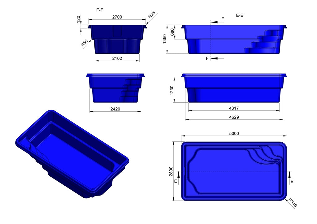 Glasfiberpool Torneträsk 5,00m x 2,80m x 1,35m