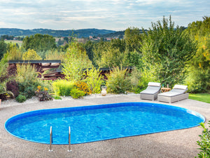 Stålväggspool Ibiza Oval 6,00 × 12,00 × 1,50 m 0,75 mm med Top Combi Blue Toppskenor P1/P3 och Bottenskenor utan Hål för Skimmer och Inlopp