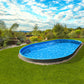 Stålväggspool Ibiza Oval 6,00 × 12,00 × 1,50 m 0,75 mm med Top Combi Blue Toppskenor P1/P3 och Bottenskenor utan Hål för Skimmer och Inlopp