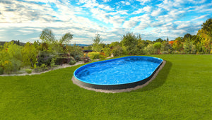 Stålväggspool Ibiza Oval 3,50 × 7,00 × 1,20 m 0,6 mm med Blå Toppskenor P1/P3 och Bottenskenor, med Hål för Skimmer och Inlopp