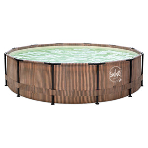 Pool med metallram Ø 3,66 × 0,91 m Naturlig Teak med Sandfärgad Liner