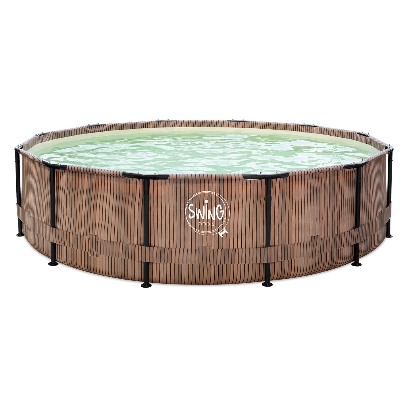 Pool med metallram Ø 3,66 × 0,91 m Naturlig Teak med Sandfärgad Liner