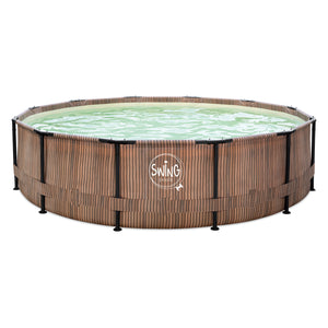 Pool med metallram Ø 3,66 × 0,91 m Naturlig Teak med Sandfärgad Liner