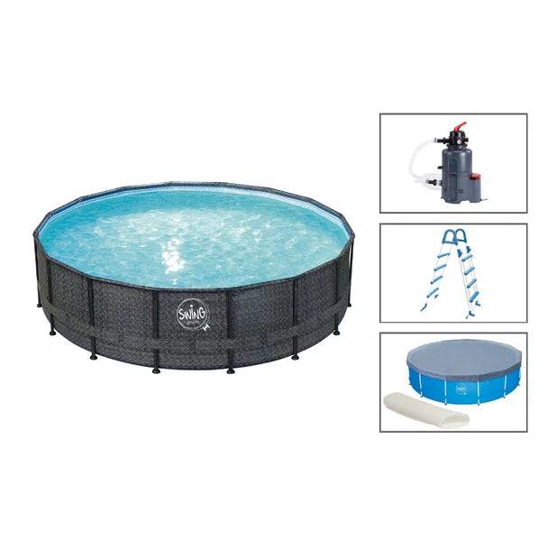 Pool med metallram Elite Paket Ø 4,88 × 1,22 m Mörk Väv, Fiskbensmönster, Sandfilter paket Azuro 4m3, Stege, Täcke samt bottenfilt