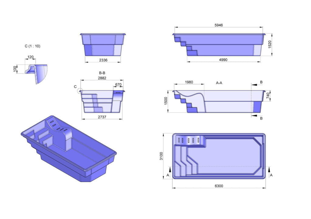 Glasfiberpool Runn 6,30m x 3,10m x 1,50m