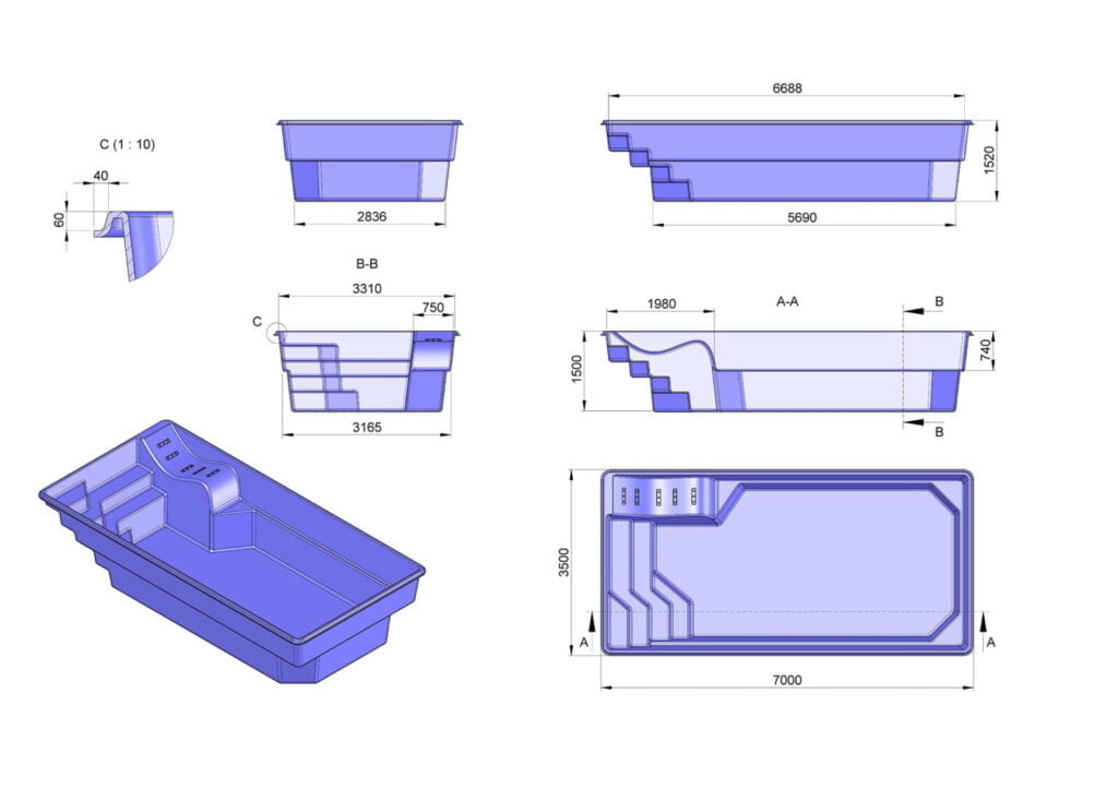 Glasfiberpool Stora Le 7,00m x 3,50m x 1,50m