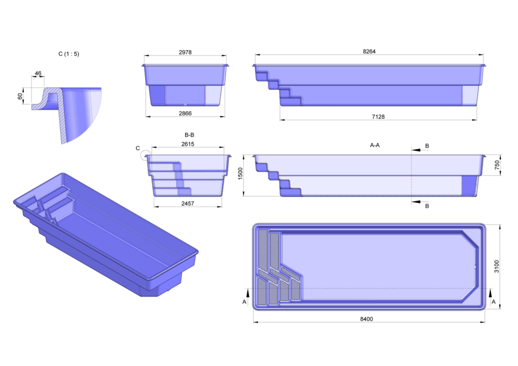 Glasfiberpool Klämmingen 8,40m x 3,10m x 1,50m
