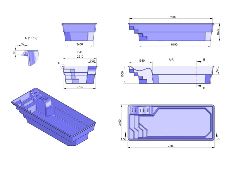 Glasfiberpool Funäsdalssjön 7,50m x 3,10m x 1,50m
