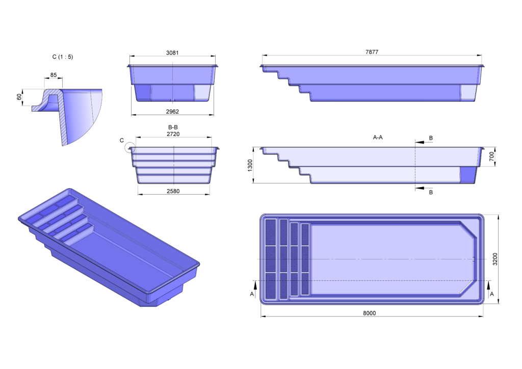 Glasfiberpool Tisjön 8,00m x 3,20m x 1,30m