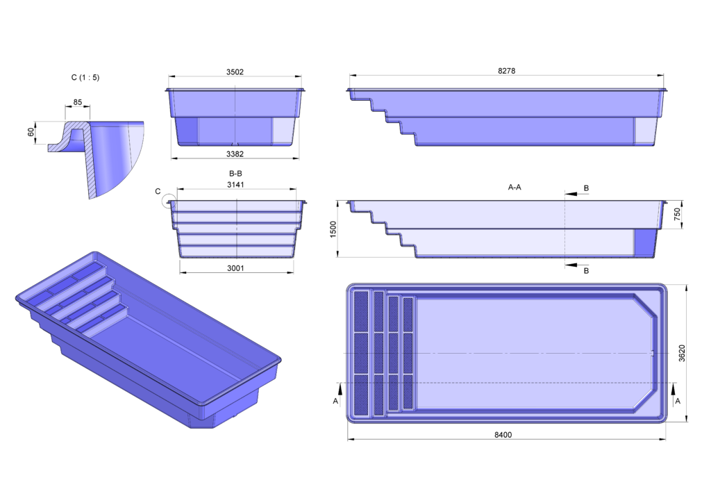 Glasfiberpool Vallsjön 8,40m x 3,60m x 1,50m