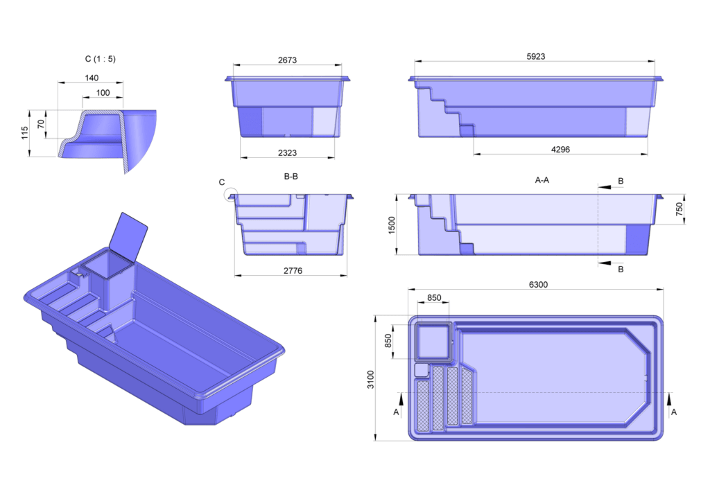 Glasfiberpool Övrekjäla 6,30m x 3,10m x 1,50m