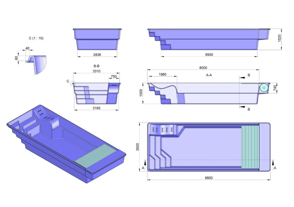 Glasfiberpool Översjön 8,80m x 3,50m x 1,50m