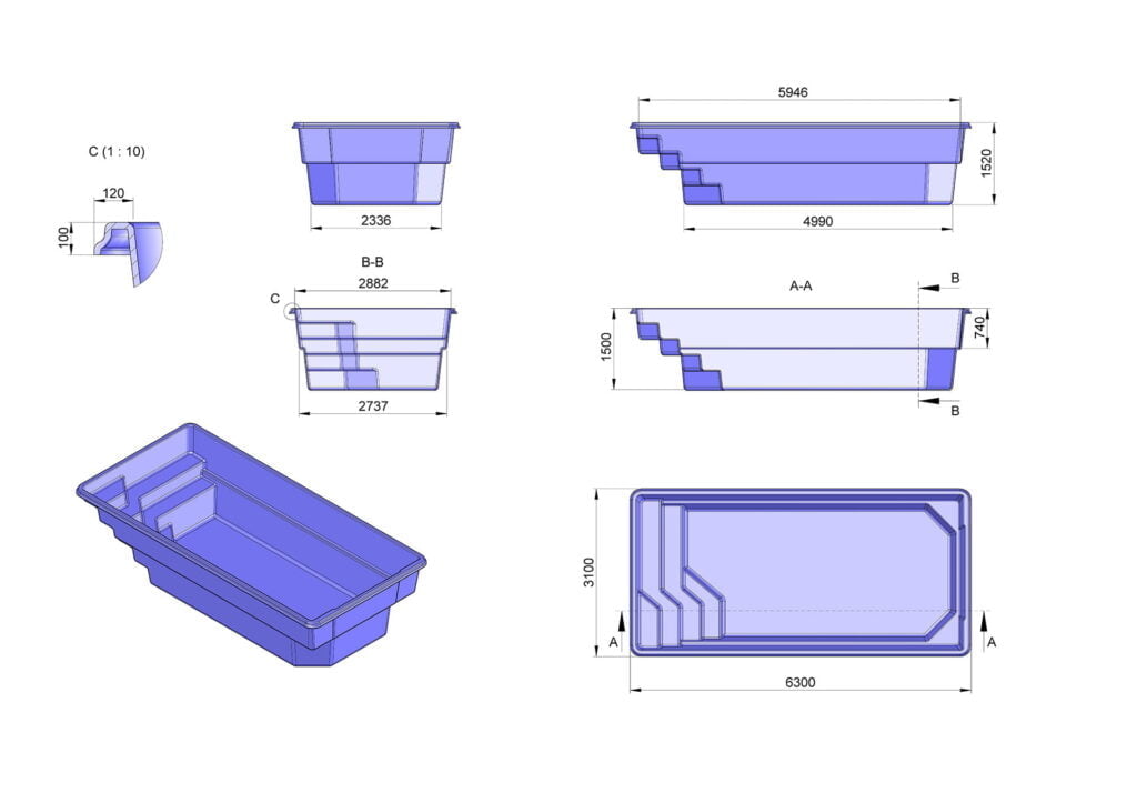Glasfiberpool Vombsjön 6,30m x 3,10m x 1,50m