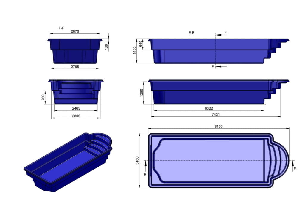 Glasfiberpool Flåsjön 8,10m x 3,16m x 1,40m