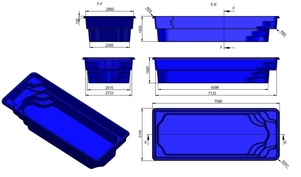 Glasfiberpool Aisjaure 7,50m x 3,10m x 1,50m