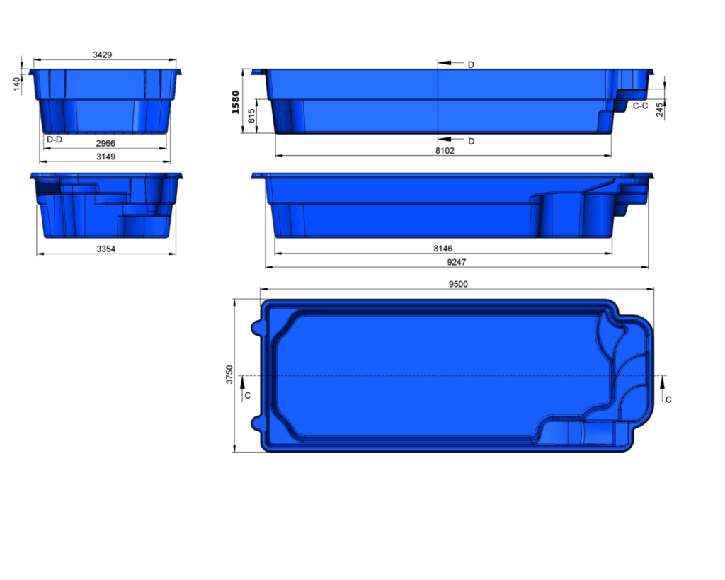 Glasfiberpool Usken 9,50m x 3,70m x 1,55m