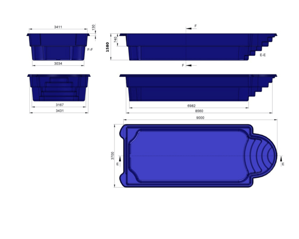 Glasfiberpool Sandsjön 9,00m x 3,70m x 1,55m