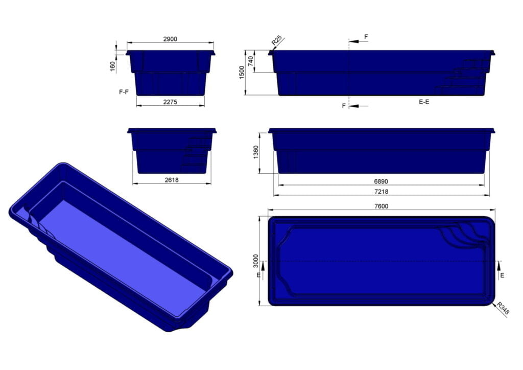 Glasfiberpool Tännforsen 7,60m x 3,00m x 1,50m