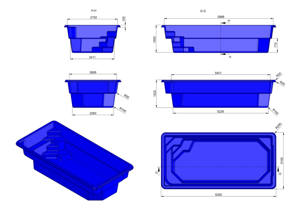 Glasfiberpool Långhalsen 6,30m x 3,10m x 1,50m