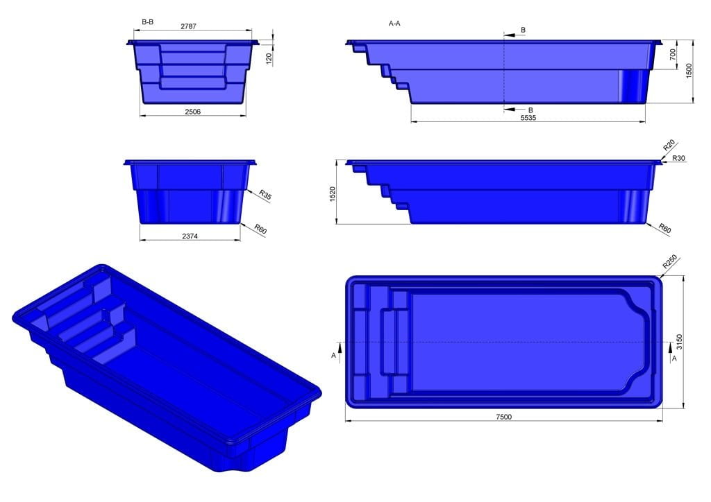 Glasfiberpool Hornavan 7,50m x 3,15m x 1,50m