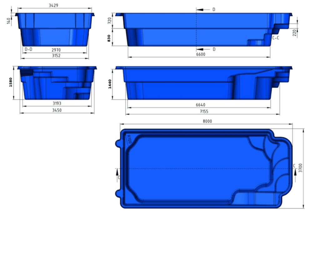 Glasfiberpool Rissajaure 8,00m x 3,70m x 1,55m