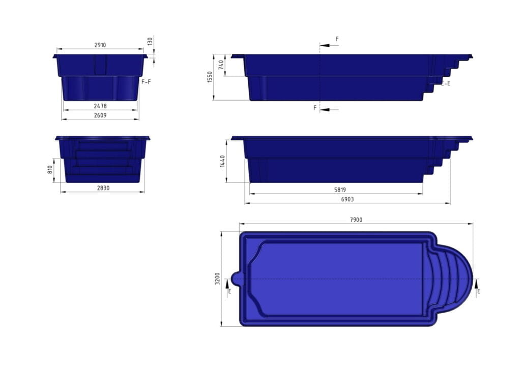 Glasfiberpool Ljusnan 7,90m x 3,20m x 1,55m