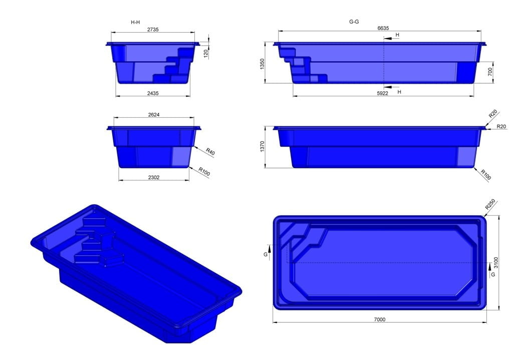 Glasfiberpool Glan 7,00m x 3,10m x 1,35m