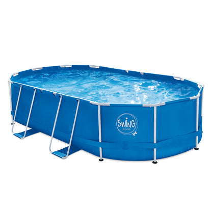 Ovanmarkpool Swing Pools Elite Oval Rampool - 6.10 x 3.66 x 1.22 m, med filter pump 12V - 5.7 m3, stege, täcke och mark filt